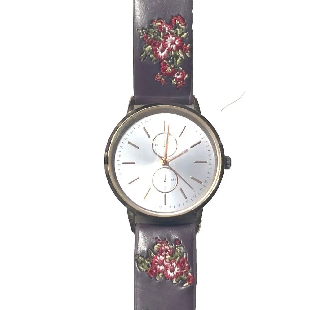 Rose Gold Quartz Women’s Watch Burgundy Floral Band 2 Sub-dials New Battery